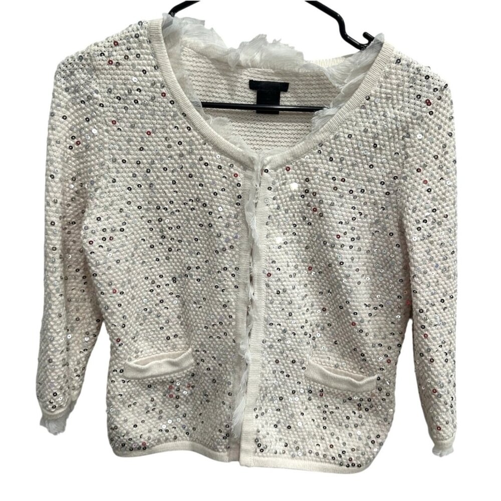 Nue Options Womens White Cotton Sequin Half Sleeve Cardigan Pockets SZ PS